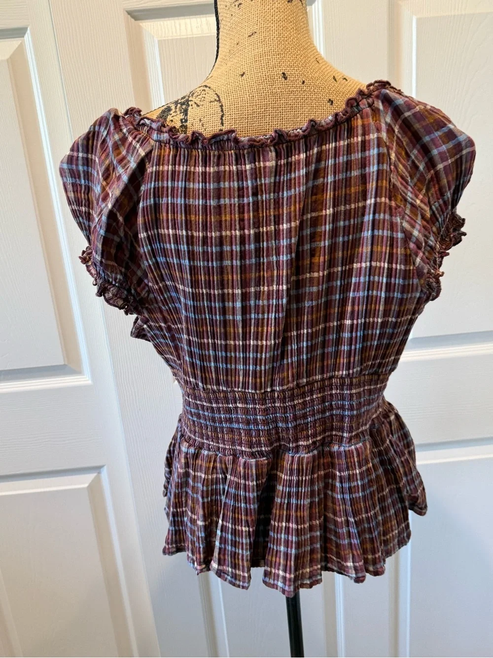 Old Navy Rust Multi Plaid Peplum Smocked Waist Blouse - Picture 4 of 6